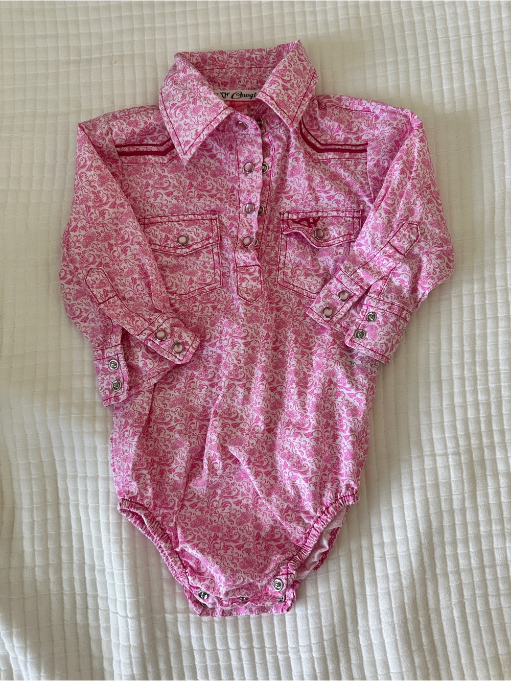Pink Paisley pearl snap Long-Sleeve Baby One-Piece Bodysuit